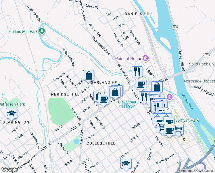 map of restaurants, bars, coffee shops, grocery stores, and more near 520 3rd Street in Lynchburg