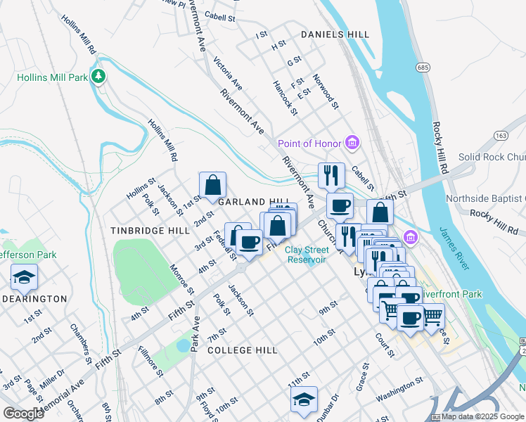 map of restaurants, bars, coffee shops, grocery stores, and more near 309 Clay Street in Lynchburg