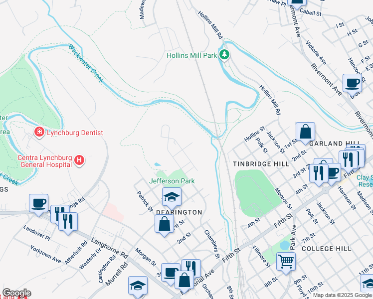 map of restaurants, bars, coffee shops, grocery stores, and more near 439 Pulaski Street in Lynchburg