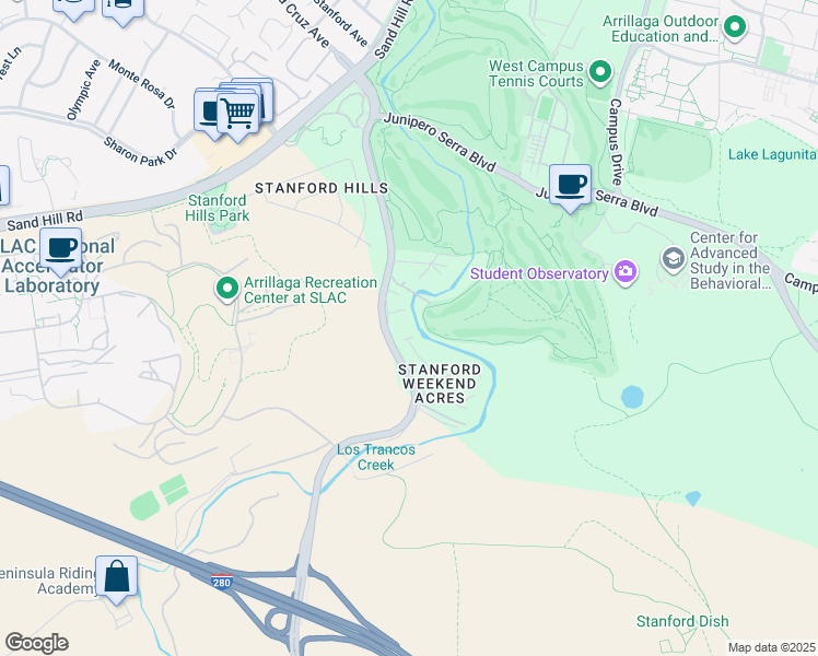 map of restaurants, bars, coffee shops, grocery stores, and more near 2513 Alpine Road in Menlo Park