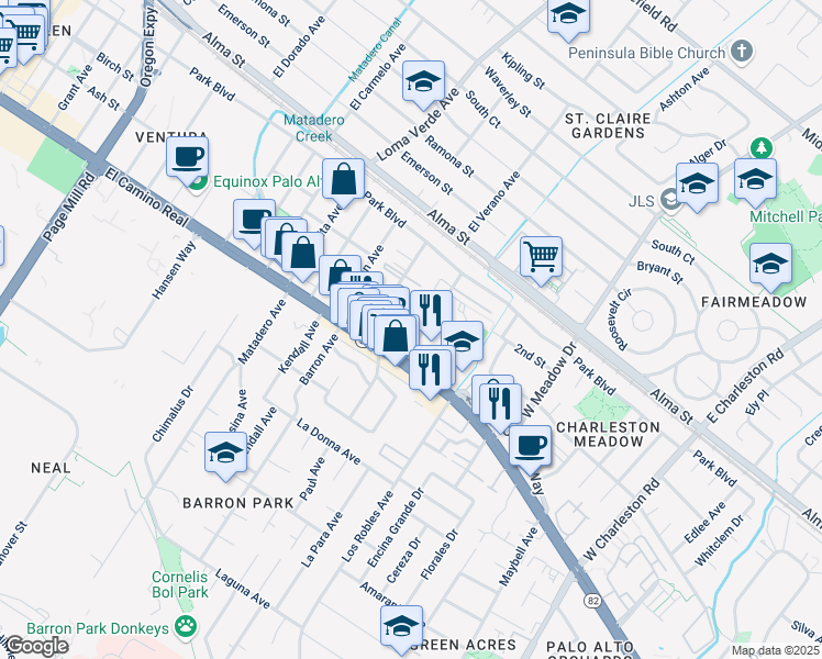 map of restaurants, bars, coffee shops, grocery stores, and more near 438 Ventura Avenue in Palo Alto