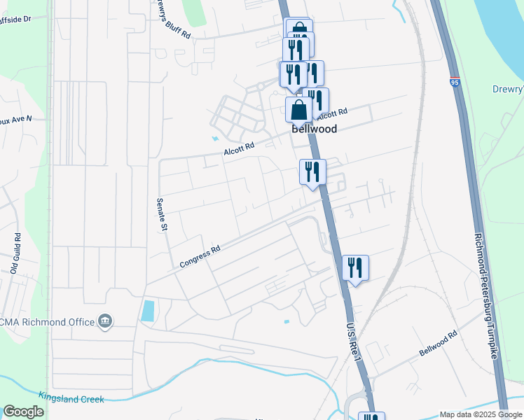 map of restaurants, bars, coffee shops, grocery stores, and more near 2805 Botone Avenue in Richmond