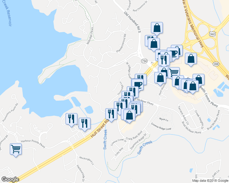 map of restaurants, bars, coffee shops, grocery stores, and more near 13311 Thornridge Court in Midlothian
