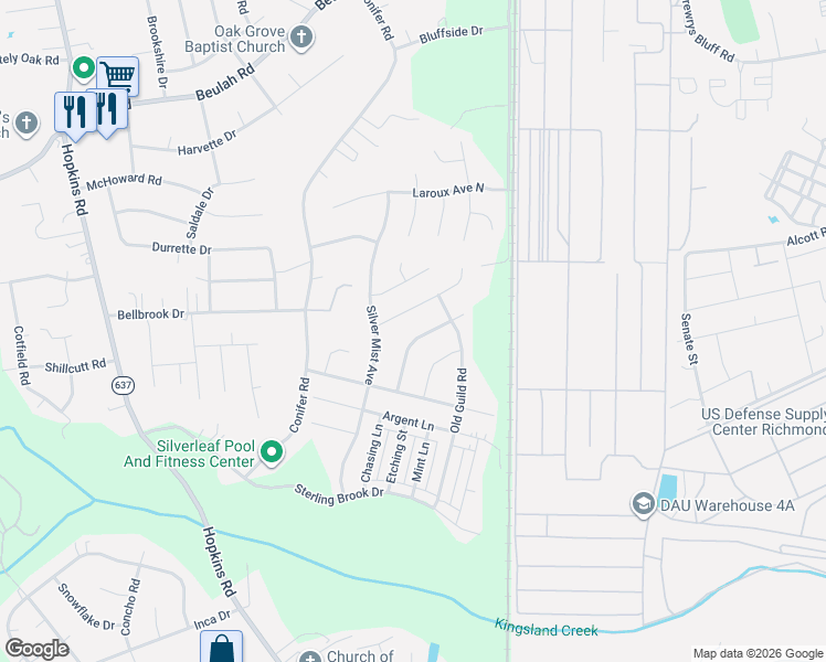 map of restaurants, bars, coffee shops, grocery stores, and more near 3719 Sterling Woods Lane in Chesterfield County