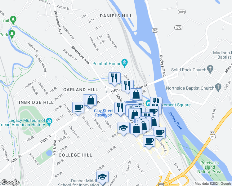 map of restaurants, bars, coffee shops, grocery stores, and more near 526 Main Street in Lynchburg