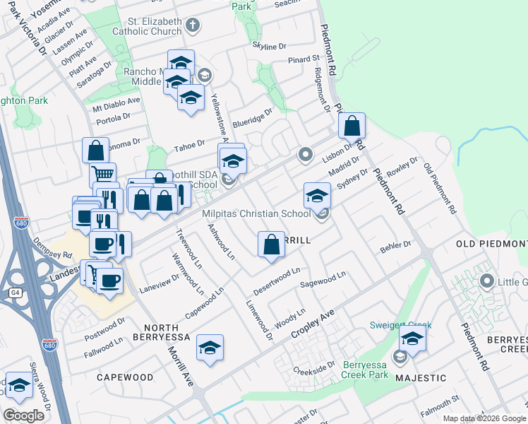 map of restaurants, bars, coffee shops, grocery stores, and more near 2144 Corktree Lane in San Jose