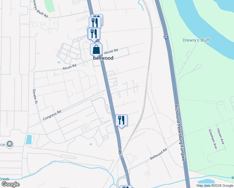 map of restaurants, bars, coffee shops, grocery stores, and more near 7921 Jefferson Davis Highway in Richmond