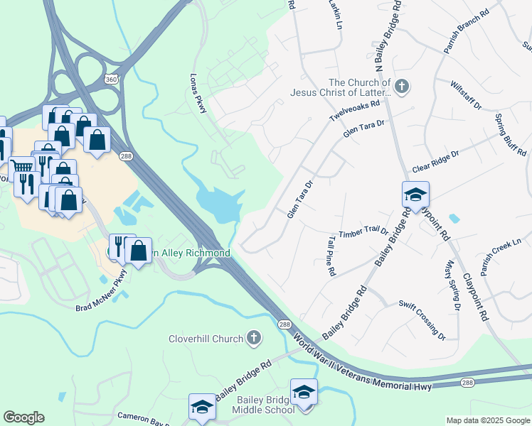 map of restaurants, bars, coffee shops, grocery stores, and more near 5006 Twelveoaks Road in Midlothian