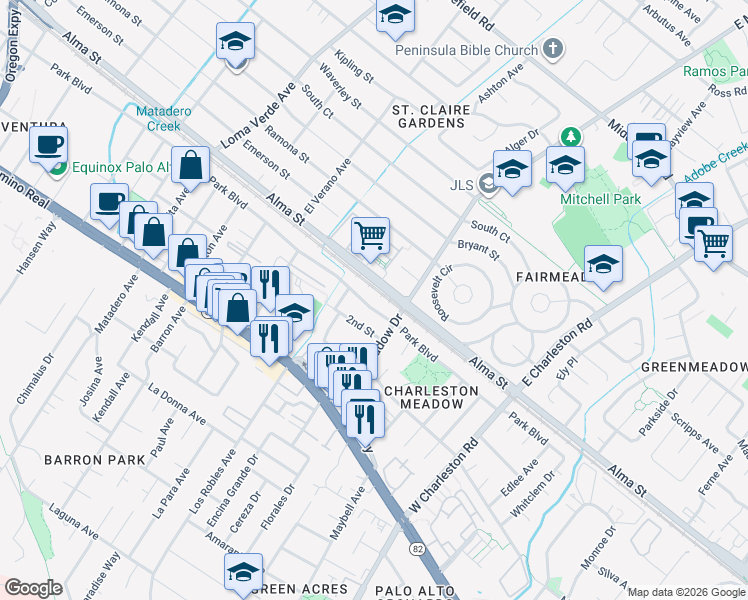 map of restaurants, bars, coffee shops, grocery stores, and more near in Palo Alto