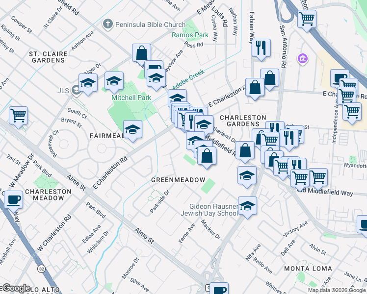 map of restaurants, bars, coffee shops, grocery stores, and more near 3925 Nelson Drive in Palo Alto
