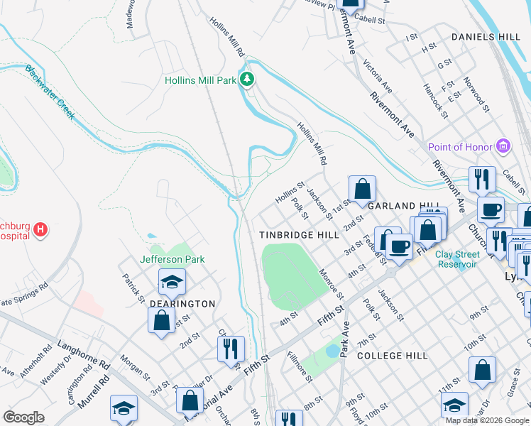map of restaurants, bars, coffee shops, grocery stores, and more near 68 Taylor Street in Lynchburg