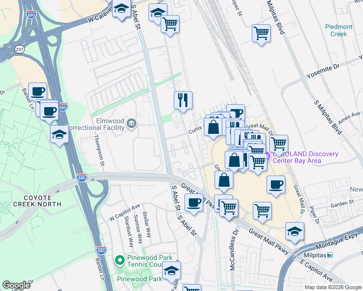 map of restaurants, bars, coffee shops, grocery stores, and more near 1001 South Main Street in Milpitas
