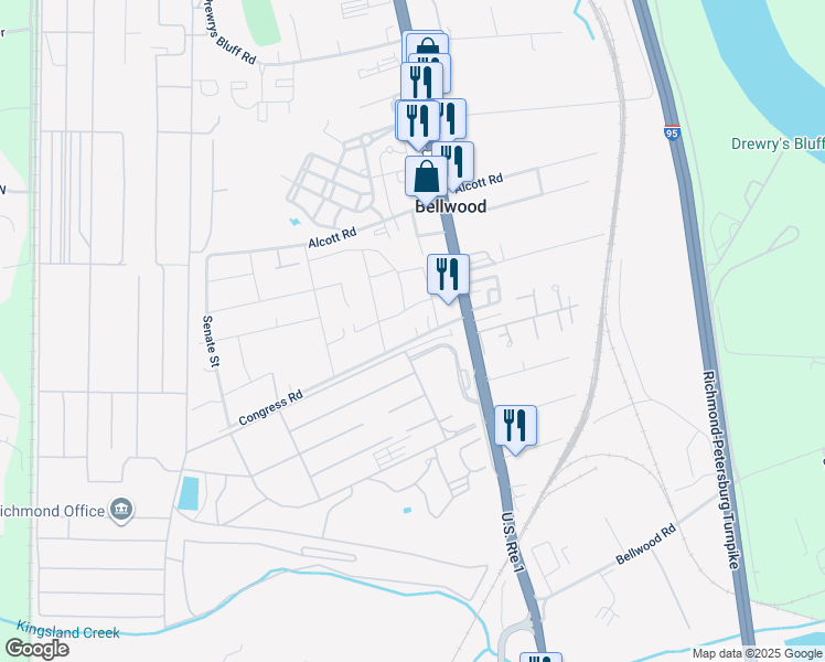 map of restaurants, bars, coffee shops, grocery stores, and more near 2720 Congress Road in Richmond