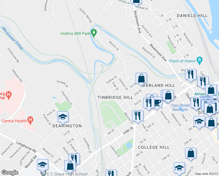 map of restaurants, bars, coffee shops, grocery stores, and more near 68 Monroe Street in Lynchburg