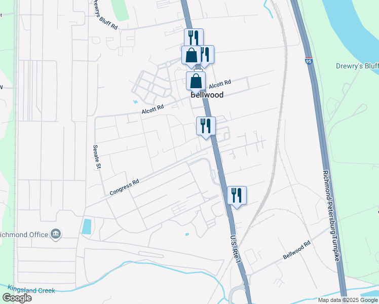 map of restaurants, bars, coffee shops, grocery stores, and more near 2720 Congress Road in Richmond