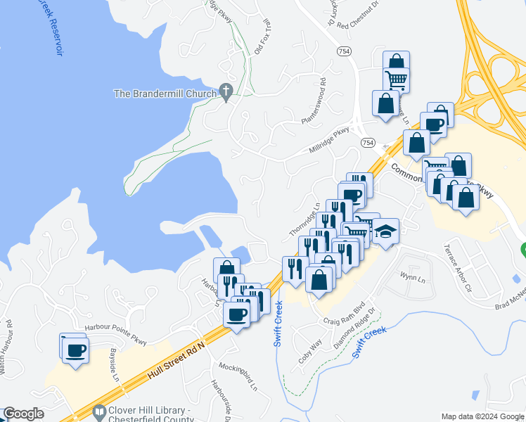 map of restaurants, bars, coffee shops, grocery stores, and more near 5103 Long Shadow Court in Midlothian