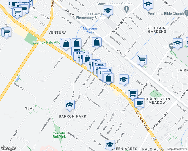 map of restaurants, bars, coffee shops, grocery stores, and more near 3666 El Camino Real in Palo Alto
