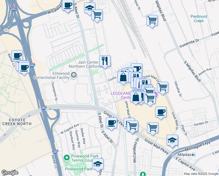map of restaurants, bars, coffee shops, grocery stores, and more near South Main Street in Milpitas
