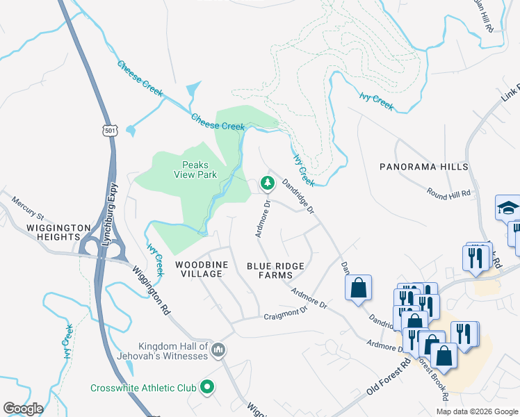 map of restaurants, bars, coffee shops, grocery stores, and more near 1137 Ardmore Drive in Lynchburg