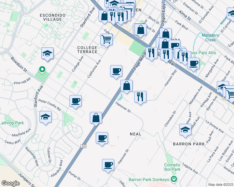 map of restaurants, bars, coffee shops, grocery stores, and more near 1200 Page Mill Road in Palo Alto