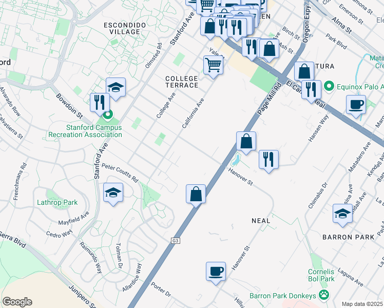 map of restaurants, bars, coffee shops, grocery stores, and more near 2550 Hanover St in Palo Alto