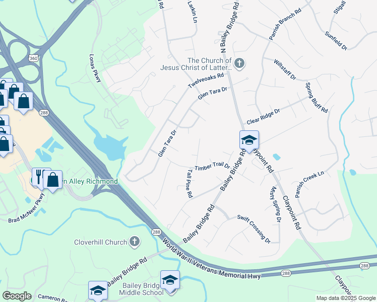 map of restaurants, bars, coffee shops, grocery stores, and more near 12112 Timbernorth Court in Midlothian