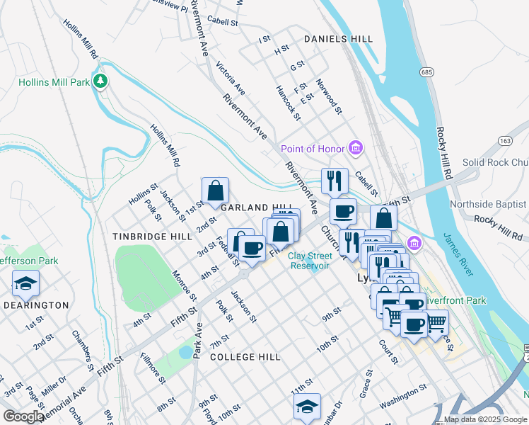map of restaurants, bars, coffee shops, grocery stores, and more near 504 3rd Street in Lynchburg