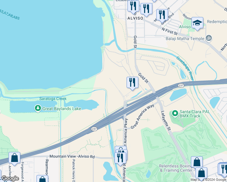 map of restaurants, bars, coffee shops, grocery stores, and more near 6201 America Center Drive in San Jose