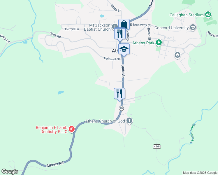 map of restaurants, bars, coffee shops, grocery stores, and more near 5 West Concord Road in Athens