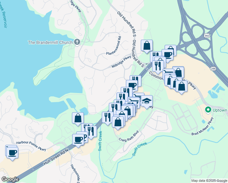 map of restaurants, bars, coffee shops, grocery stores, and more near 13310 Thornridge Lane in Midlothian