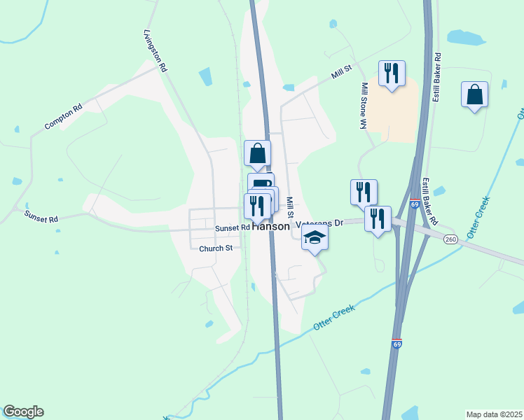 map of restaurants, bars, coffee shops, grocery stores, and more near 25 Madison Street in Hanson