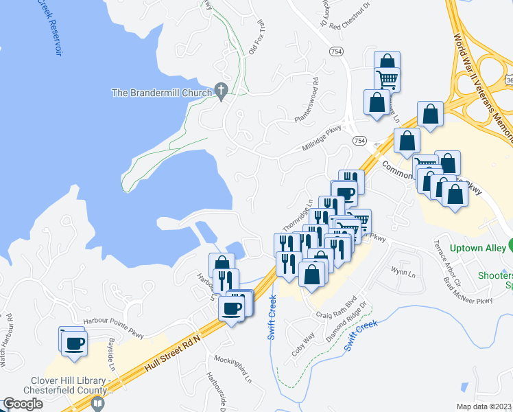 map of restaurants, bars, coffee shops, grocery stores, and more near 5101 Long Shadow Court in Midlothian