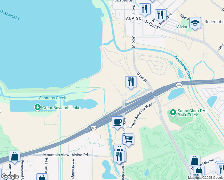 map of restaurants, bars, coffee shops, grocery stores, and more near 6201 America Center Drive in San Jose