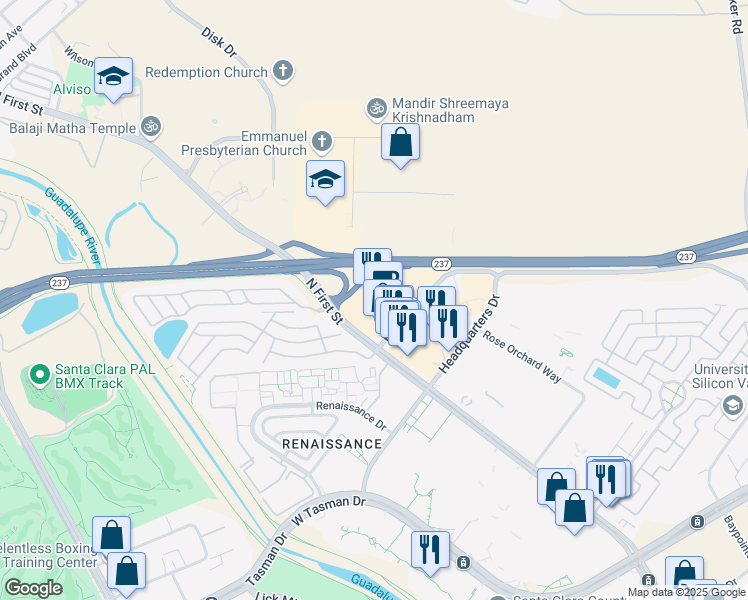 map of restaurants, bars, coffee shops, grocery stores, and more near 95 Holger Way in San Jose