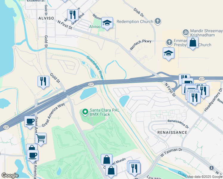 map of restaurants, bars, coffee shops, grocery stores, and more near 4271 North First Street in San Jose