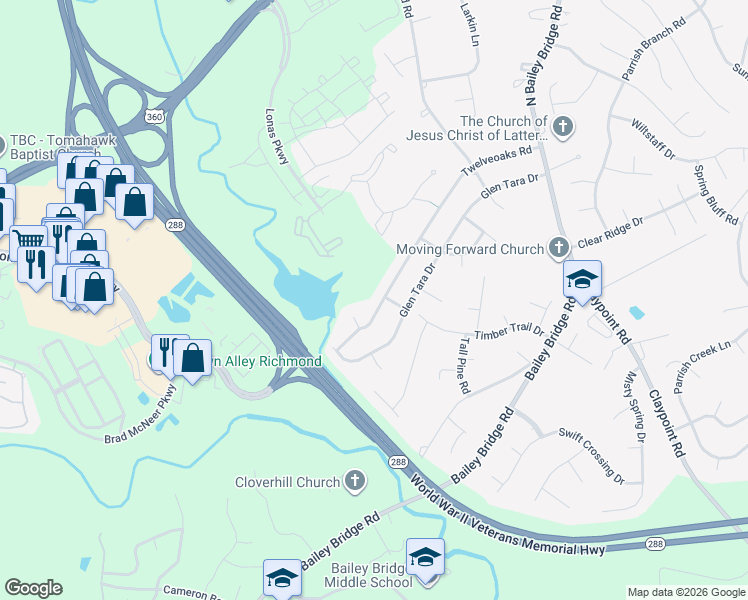 map of restaurants, bars, coffee shops, grocery stores, and more near 5000 Twelveoaks Road in Midlothian