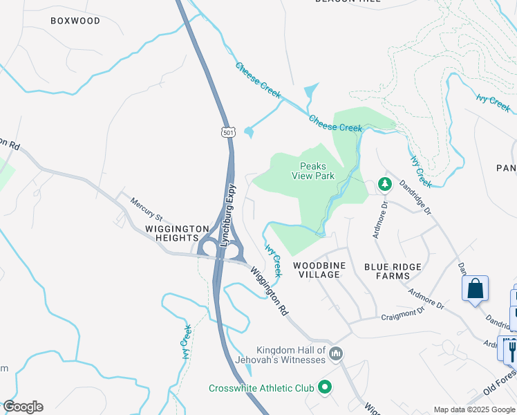map of restaurants, bars, coffee shops, grocery stores, and more near 160 Ivy Creek Lane in Lynchburg