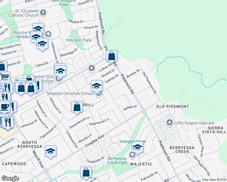map of restaurants, bars, coffee shops, grocery stores, and more near 3527 Laurant Way in San Jose