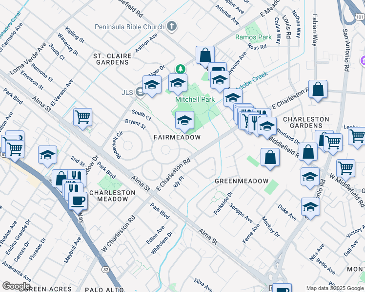 map of restaurants, bars, coffee shops, grocery stores, and more near 3793 Redwood Circle in Palo Alto