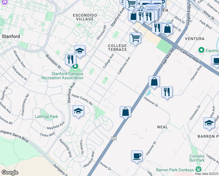 map of restaurants, bars, coffee shops, grocery stores, and more near 1490 Columbia Court in Palo Alto