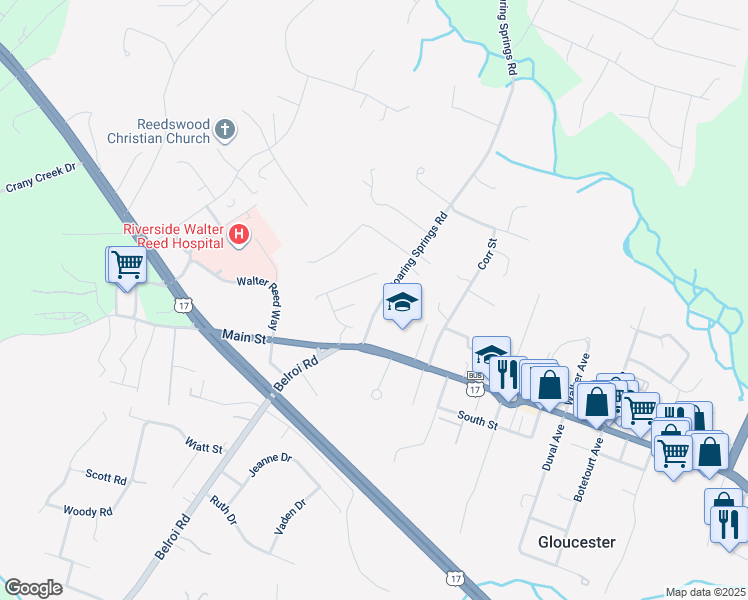 map of restaurants, bars, coffee shops, grocery stores, and more near 7470 Roaring Springs Road in Gloucester