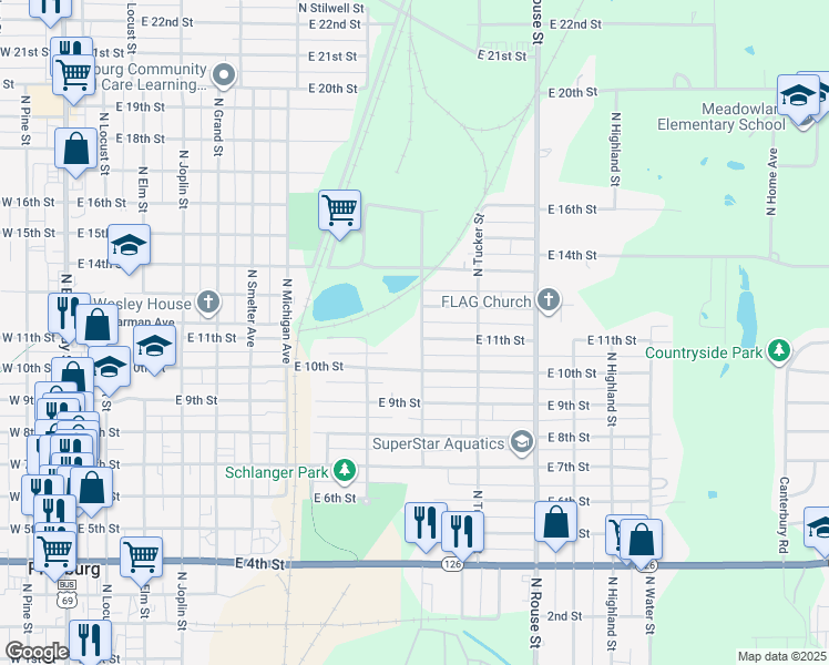 map of restaurants, bars, coffee shops, grocery stores, and more near 809 East 10th Street in Pittsburg