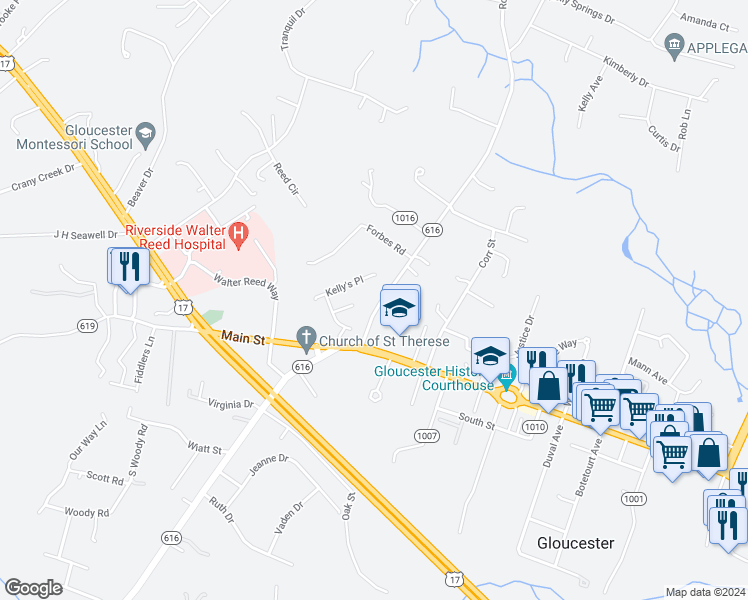 map of restaurants, bars, coffee shops, grocery stores, and more near 7470 Roaring Springs Road in Gloucester