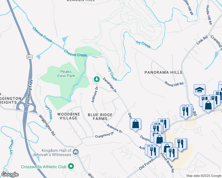 map of restaurants, bars, coffee shops, grocery stores, and more near 1101 Milford Ln in Lynchburg