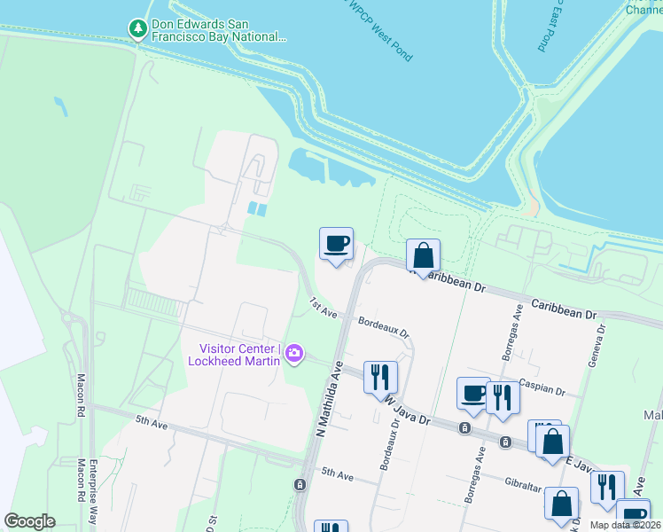map of restaurants, bars, coffee shops, grocery stores, and more near 701 1st Avenue in Sunnyvale