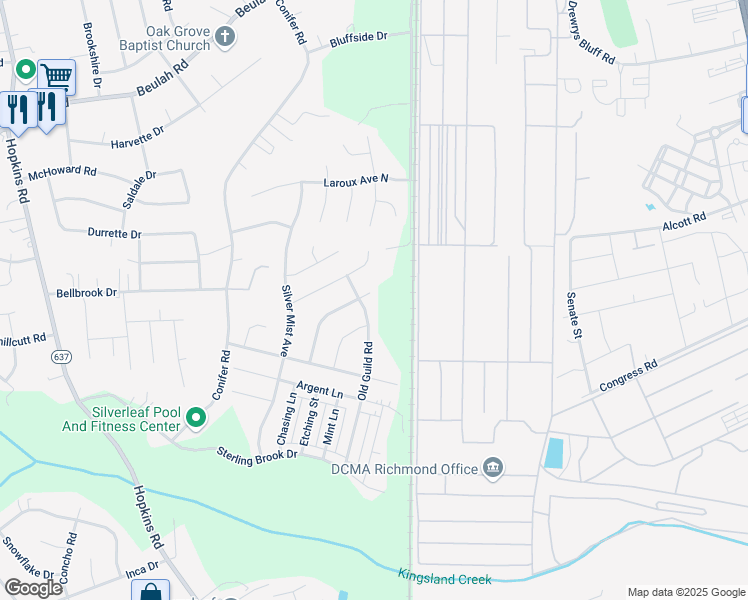 map of restaurants, bars, coffee shops, grocery stores, and more near 3607 Sterling Woods Lane in Richmond