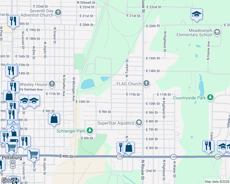 map of restaurants, bars, coffee shops, grocery stores, and more near 900-998 East 11th Street in Pittsburg