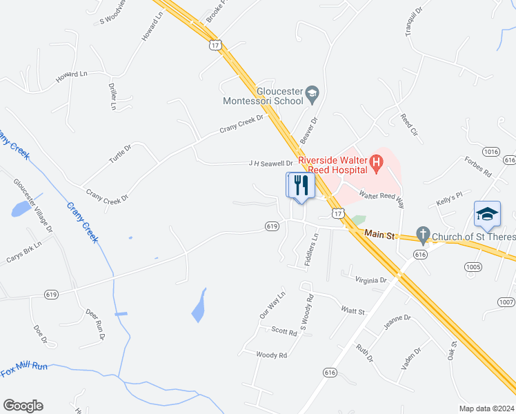 map of restaurants, bars, coffee shops, grocery stores, and more near 5923 Garden Grove Lane in Gloucester Courthouse