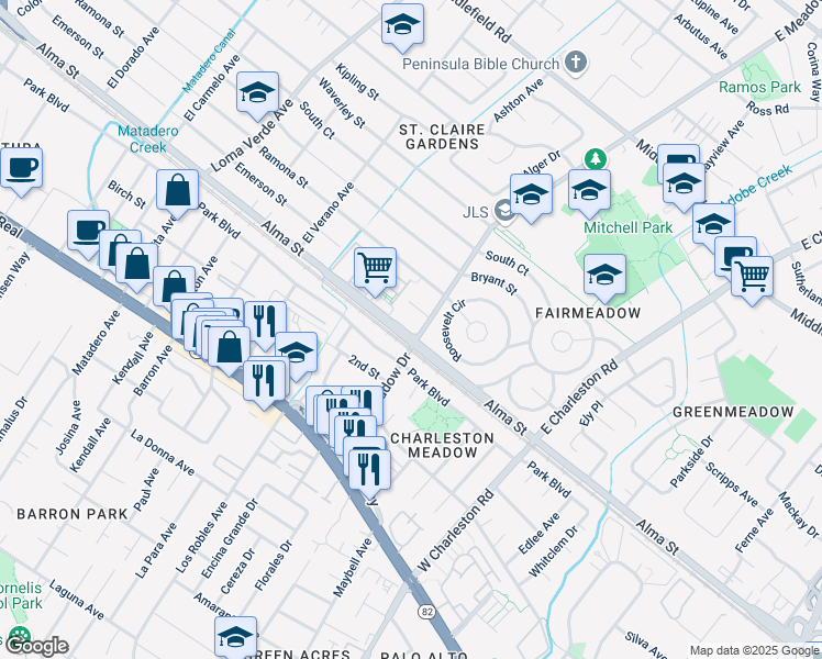 map of restaurants, bars, coffee shops, grocery stores, and more near in Palo Alto