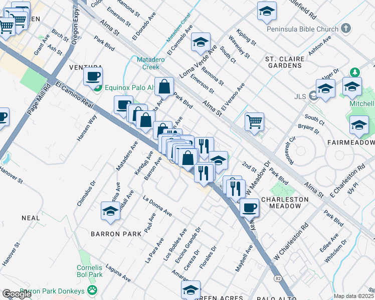 map of restaurants, bars, coffee shops, grocery stores, and more near in Palo Alto